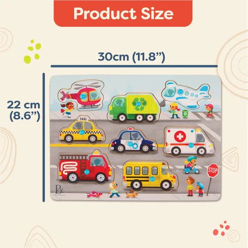 Vista 7 de B. toys Peek & Explore Puzzle 4 – Pack – Juguetes de madera para niños pequeños – 8 piezas cada uno – Vehículos, camiones, animales, corral – 2+ años
