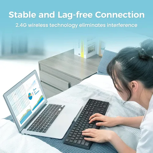 Vista 4 de Lovaky Teclado inalámbrico MK98, teclado inalámbrico USB 2.4G, luz indicadora ampliada, teclado ergonómico de tamaño completo para PC con teclado