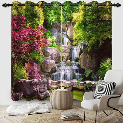 Vista 79 de Cortinas opacas para ventana con vista de cascada, día soleado, amanecer, primavera, paisaje natural, cortinas de ventana con aislamiento térmico