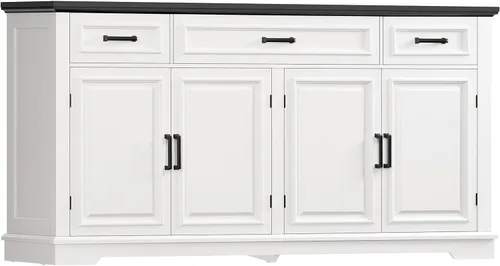Vista 11 de usikey Gabinete Buffet, Aparador Buffet Grande de 63" con Almacenamiento y 3 Cajones, Barra de Café Estilo Granja con 4 Puertas, Mesa Buffet