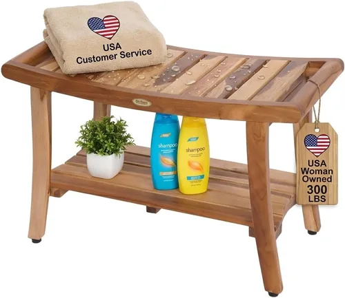 Vista 11 de EcoDecors Teak Bench for Shower 18 Inch, Waterproof Teak Wood Shower Bench - Bath Seat with Shelf, 300 lb Capacity, Slip Resistant Feet, Compact Fit