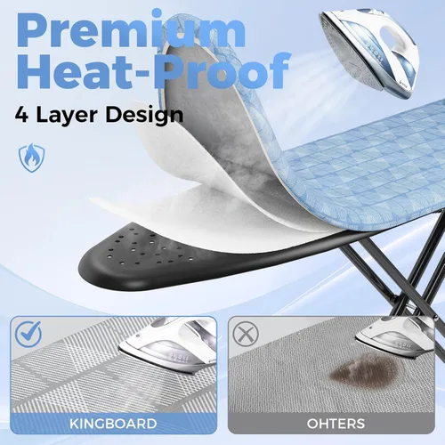 Vista 4 de KINGBOARD Tabla de planchar, tabla de planchar compacta con alfombrilla de silicona para plancha, cubierta resistente al calor, 7 alturas