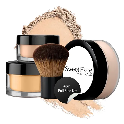 Juego de maquillaje kabuki Sweet Face Minerals 4 piezas tamaño completo, cubierta base de polvo transparente para piel desnuda maquillaje mineral,