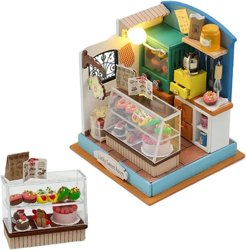 Vista 5 de Kit de casa de muñecas en miniatura de bricolaje, casa de muñecas de madera con LED, kit de construcción de casa pequeña para regalo de cumpleaños