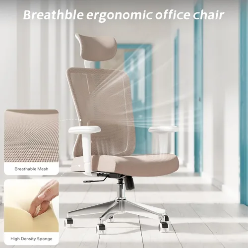 Vista 5 de Silla de oficina ergonómica, silla de escritorio de malla con reposacabezas ajustable y reposabrazos 2D, sillas de computadora con soporte lumbar