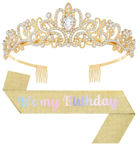 Vista 34 de Tiara de cumpleaños y corona con banda, tiara de cumpleaños para fiesta de mujeres (rosa)