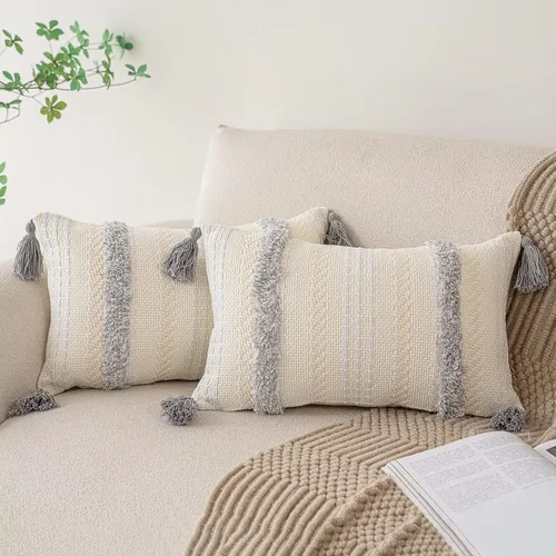 Vista 7 de Juego de 2 fundas de almohada bohemias de 18 x 18 pulgadas, fundas de almohada tejidas con mechones estilo granja con borlas y rayas texturizadas