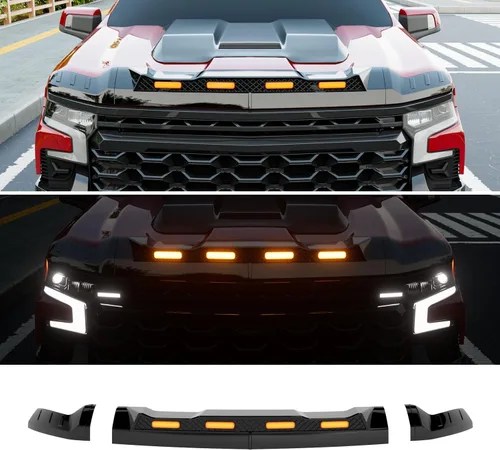 Protector de capó con luz LED compatible con Chevy Silverado 1500 2019-2026, deflector de capó negro brillante de tres secciones, protector de luz