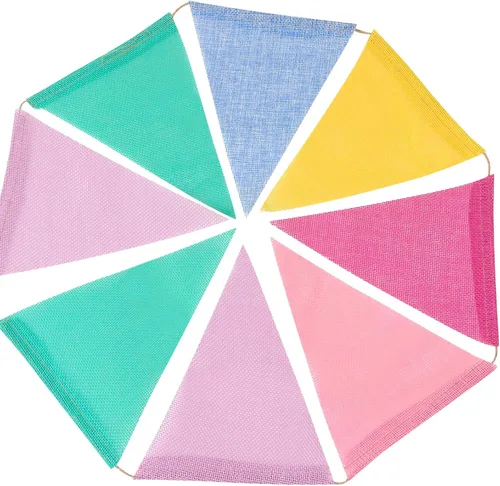 Vista 6 de MIDELONG Banderín de arpillera de imitación con 24 banderas, triángulo de tela multicolor, colorido arco iris, banderines para fiesta, cumpleaños