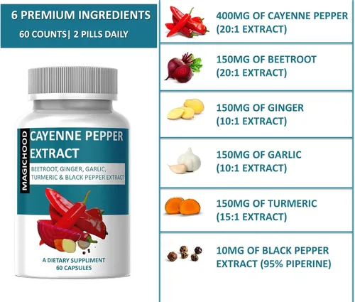 Vista 5 de Complejo de pimienta de cayena 960 mg, súper extracto con jengibre, ajo, cúrcuma, raíz de remolacha, pimienta negra, 60 cápsulas, suplemento natural