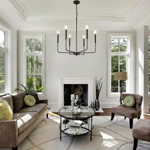 Vista 5 de Candelabro Moderno Negro para Comedor, Accesorios de Iluminación de Cocina de Metal de 6 Luces, Lámpara Colgante de Vela Estilo Granja para Sala