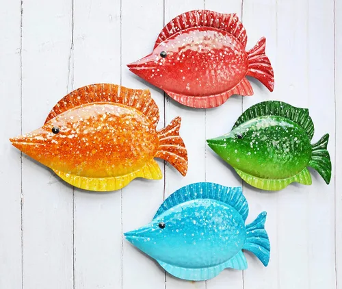 ShabbyDecor Juego de 4 piezas de decoración de pared colgante de peces de metal del océano costero para sala de estar, dormitorio, baño, habitación