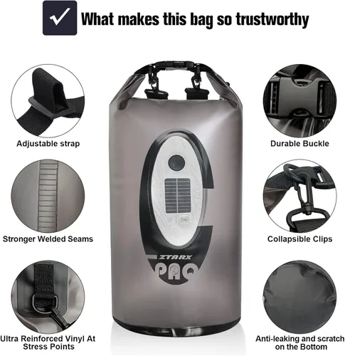 Vista 7 de Qoolife Bolsa seca impermeable con altavoz Bluetooth solar y luz – 10L/20L Roll Top Dry Sack mantiene el equipo seco para hombres y mujeres, kayak