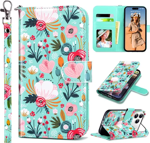 Vista 27 de ULAK Funda tipo billetera compatible con iPhone 15 para mujeres, funda tipo cartera con estampado floral de piel PU premium con porta tarjetas