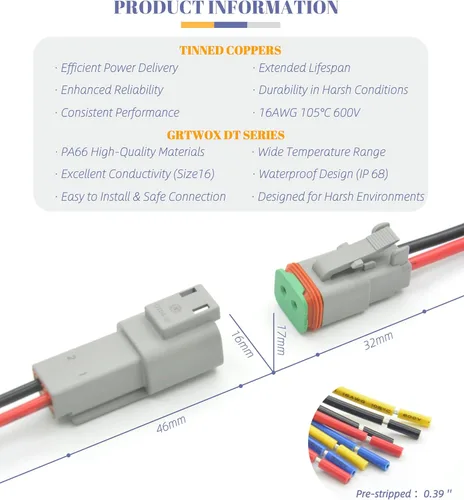 Vista 4 de DT - Kit de conectores de 2 pines, conector eléctrico impermeable de 16 AWG, macho y hembra, conectores de cable automotriz para automóvil, camión