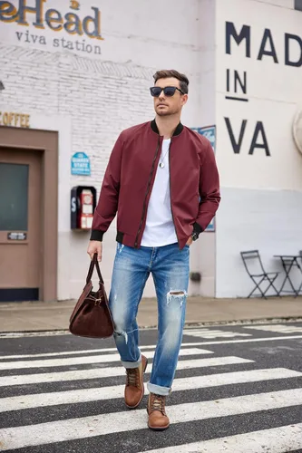 Vista 2 de COOFANDY Chaqueta bomber ligera para hombre, chaqueta cortavientos casual, softshell, moda, invierno, otoño, abrigo con bolsillo