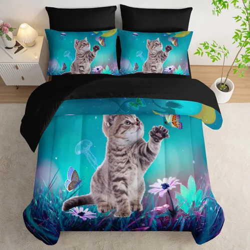 Vista 28 de AILONEN Juego de edredón para niños con temática de astronautas de dibujos animados tamaño individual, lindo juego de ropa de cama con cohetes