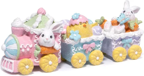 Hodao Decoración de tren de conejo del día de Pascua de 9.25 pulgadas, figuras de calidez familiar de primavera, decoración de conejito de Multicolor