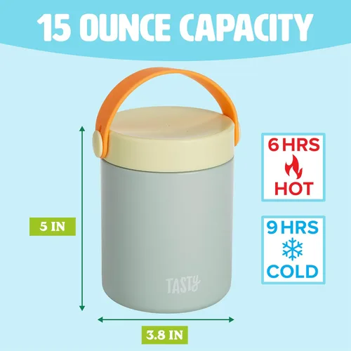 Vista 3 de Tasty Tarro de comida con asa plegable, contenedor portátil para aperitivos o almuerzo, aislado al vacío de acero inoxidable con tapa a prueba