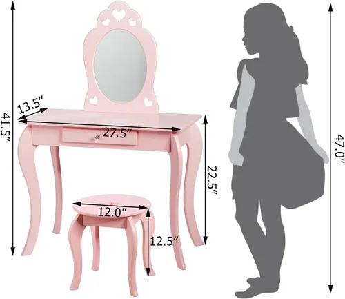 Vista 7 de INFANS Juego de mesa y silla de tocador de princesa de madera 2 en 1, mesa de maquillaje para niños con espejo real desmontable, cajón grande, juego
