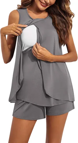 Vista 2 de Ekouaer Conjunto de pijama de lactancia para mujer, ropa de dormir de doble capa, sin mangas, top y pantalones cortos, pijamas de embarazo