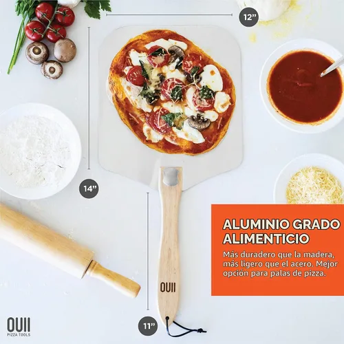 Vista 3 de Pala de Pizza Perforada de 12 x 14 Pulgadas. - Espátula de Metal de Aluminio para Parrilla con Mango Plegable. Accesorios y Herramientas para Horno