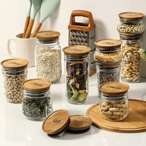 Vista 4 de Paquete de 8 tapas de almacenamiento de madera de boca ancha para frascos de bola, Kerr, material de grado alimenticio, 100% de ajuste y herméticas