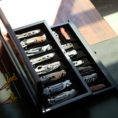 Vista 7 de Estuche de exhibición de cuchillos de dos niveles, caja de almacenamiento para cuchillos de bolsillo de 15 a 17 cuchillos de bolsillo, estuche