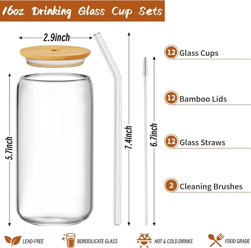 Vista 7 de 12 Pcs Glass Cups with Bamboo Lids and Straws - 16oz Glass Tumbler, Iced Coffee Cup, Can Shaped Drinking Glasses for Coffee, Tea, Smoothie, Juice