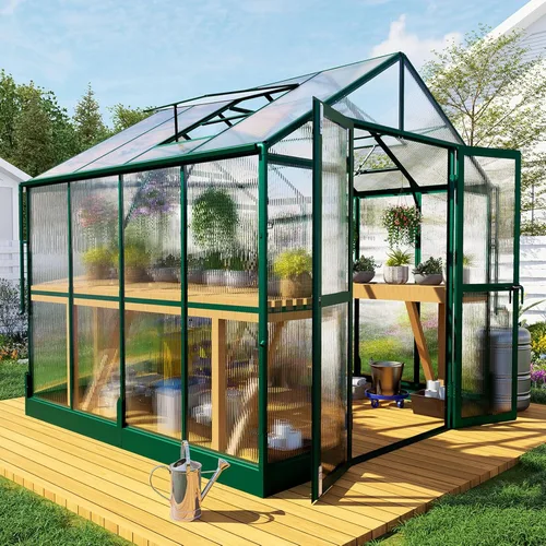 Vista 12 de HOWE Invernaderos de aluminio de 8 x 8 x 7.5 pies para exteriores, invernadero de policarbonato con 2 rejillas de ventilación con puerta abatible