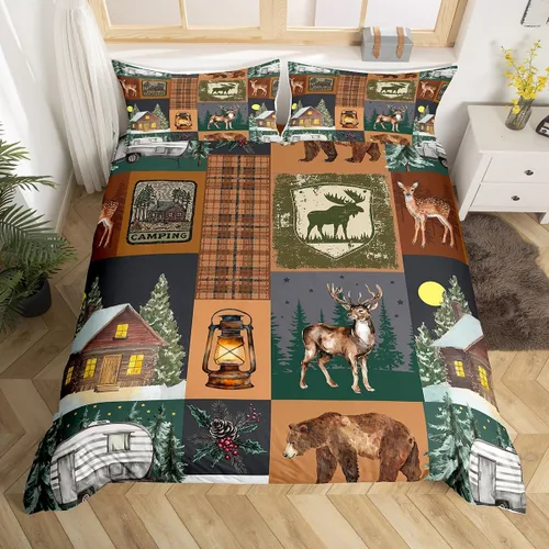 Vista 31 de Funda de edredón rústica tamaño Queen, juego de ropa de cama retro para cabaña de cabaña, oso de caza, ciervo, hojas de arce, funda de edredón