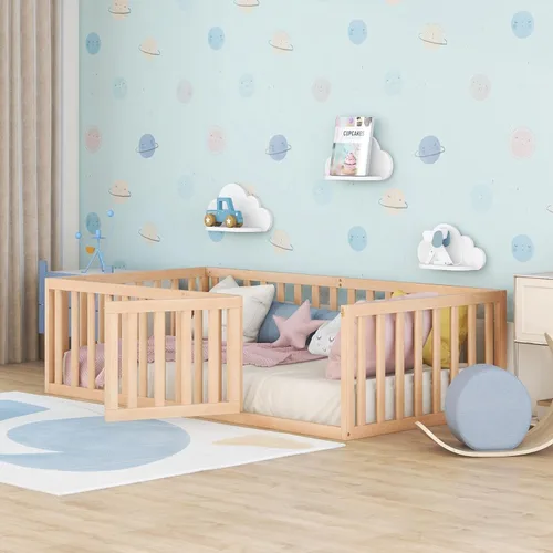 Vista 4 de Harper & Bright Designs Cama de suelo de tamaño individual con barandillas de seguridad y puerta, marco de cama individual de madera para niñas
