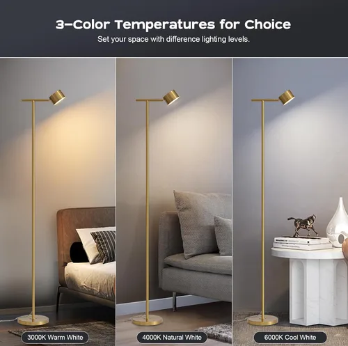 Vista 3 de Lámpara de pie para dormitorio, 3 temperaturas de color, lámpara de pie minimalista con tapa de lámpara flexible, lámparas de pie modernas doradas