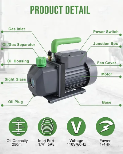 Vista 3 de Lichamp Bomba de vacío, 4.5 cfm 1/3 HP HVAC Bomba de vacío de una etapa para R134a R410a R22 R12, para aire acondicionado automotriz refrigerante