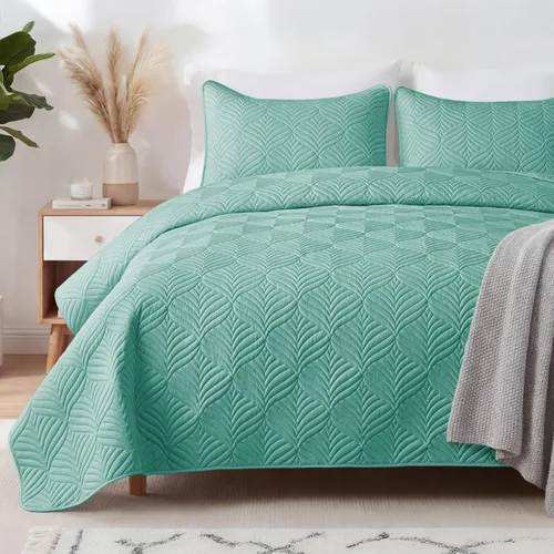 Vista 15 de Whale Flotilla Juego de ropa de cama extra suave, colcha amarilla ligera tamaño Queen con patrón moderno, colcha reversible de 3 piezas con 2 fundas