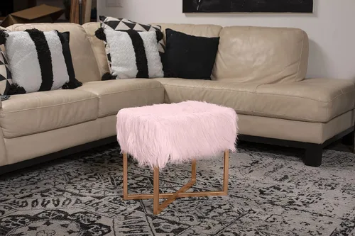 Vista 2 de BIRDROCK HOME Taburete rectangular de piel sintética rosa con patas doradas, silla de tocador, asiento acolchado suave y compacto, silla