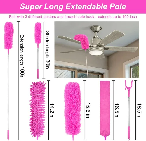 Vista 2 de Plumeros de microfibra para limpieza, plumeros con poste de extensión, plumeros flexibles y lavables para ventiladores de techo alto, persianas