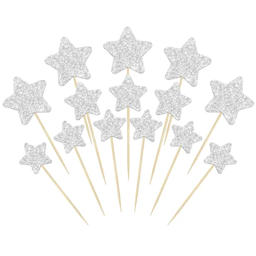 Vista 6 de Gyufise 42 piezas de tamaño mixto negro pequeña estrella para cupcakes con purpurina Twinkle Star Cupcake Picks boda compromiso despedida de soltera