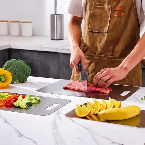 Vista 9 de Tabla de cortar de acero inoxidable 304 para cocina, alimentos de doble cara para carne, verduras, masa de frutas y tabla de preparación