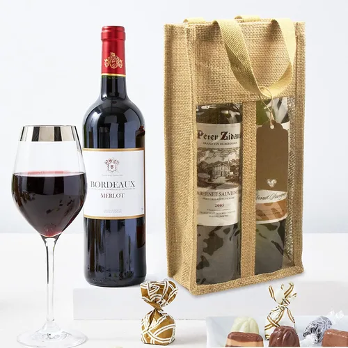 Vista 6 de DIWNELEM 1 paquete de bolsas de regalo de vino de arpillera con dos ventanas, doble ventana, dos botellas, bolsa de yute de arpillera para botellas