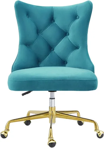 Vista 3 de 24KF 7081 - Silla de oficina en casa tapizada de terciopelo con botones capitoné y base de metal dorado, silla de escritorio ajustable giratoria