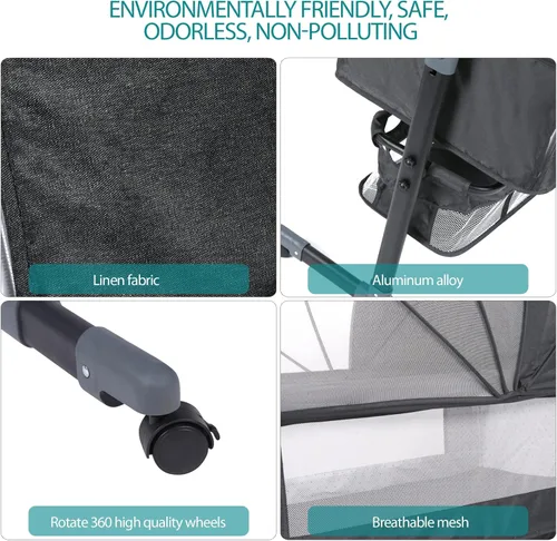 Vista 4 de GoFirst Moisés de noche para bebé, cama de noche con ruedas, ajustable, con mosquiteras, bolsa de almacenamiento grande, para bebébebérecién nacido