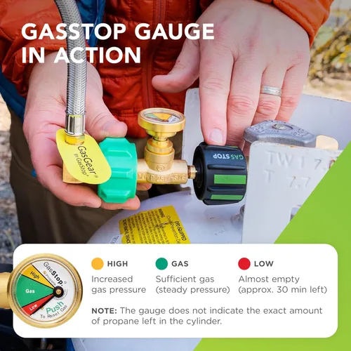 Vista 6 de GasStop - Medidor de tanque de propano con detector de fugas y apagado de emergencia, indicador de presión, medidor universal, accesorios