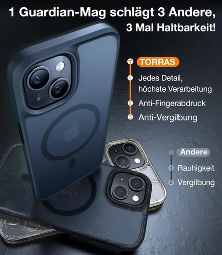 Vista 6 de TORRAS Funda magnética a prueba de golpes para iPhone 15 y iPhone 14, protección contra caídas de grado militar de 12 pies, protectora translúcida