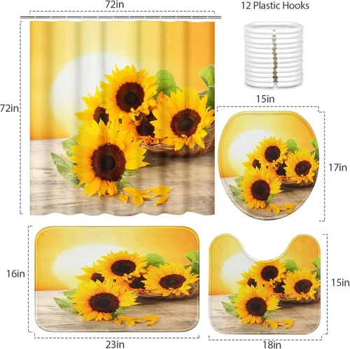 Vista 2 de Britimes Juego de cortinas de ducha de 4 piezas, con 12 ganchos, girasol de sol de verano con alfombras antideslizantes, cubierta de tapa de inodoro