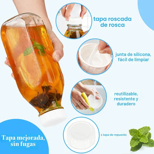 Vista 3 de Paquete de 2 botellas de leche de vidrio con 2 tapas dispensadoras, tapa de rosca 100% hermética de servicio pesado. ¡Jarra de agua de vidrio