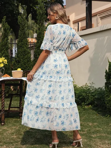 Vista 4 de Amegoya Vestido largo bohemio de manga larga con cuello en V para mujer, vestidos de compromiso largos y fluidos para invitados de boda