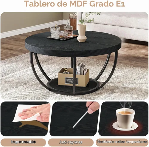 Vista 7 de Tribesigns Mesa de centro redonda negra, 31.7 pulgadas, moderna mesa de centro circular de 2 niveles con estantes de almacenamiento, mesa central