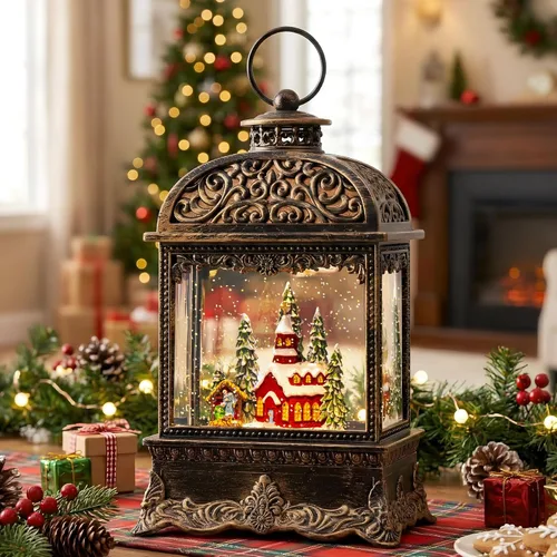 Vista 11 de Linterna de globo de nieve de Navidad con agua con escena de jengibre, funciona con batería o USB, luz musical iluminada, decoración festiva