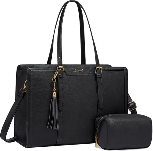 LOVEVOOK Bolsa para laptop para mujer, de piel vintage, de 15.6 pulgadas, bolsa de computadora de gran capacidad con bolso de mano para el trabajo